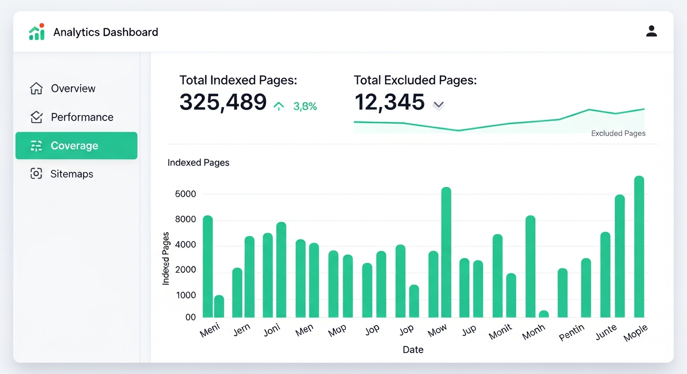 Index coverage report showing indexed pages growing over time with a green bar chart