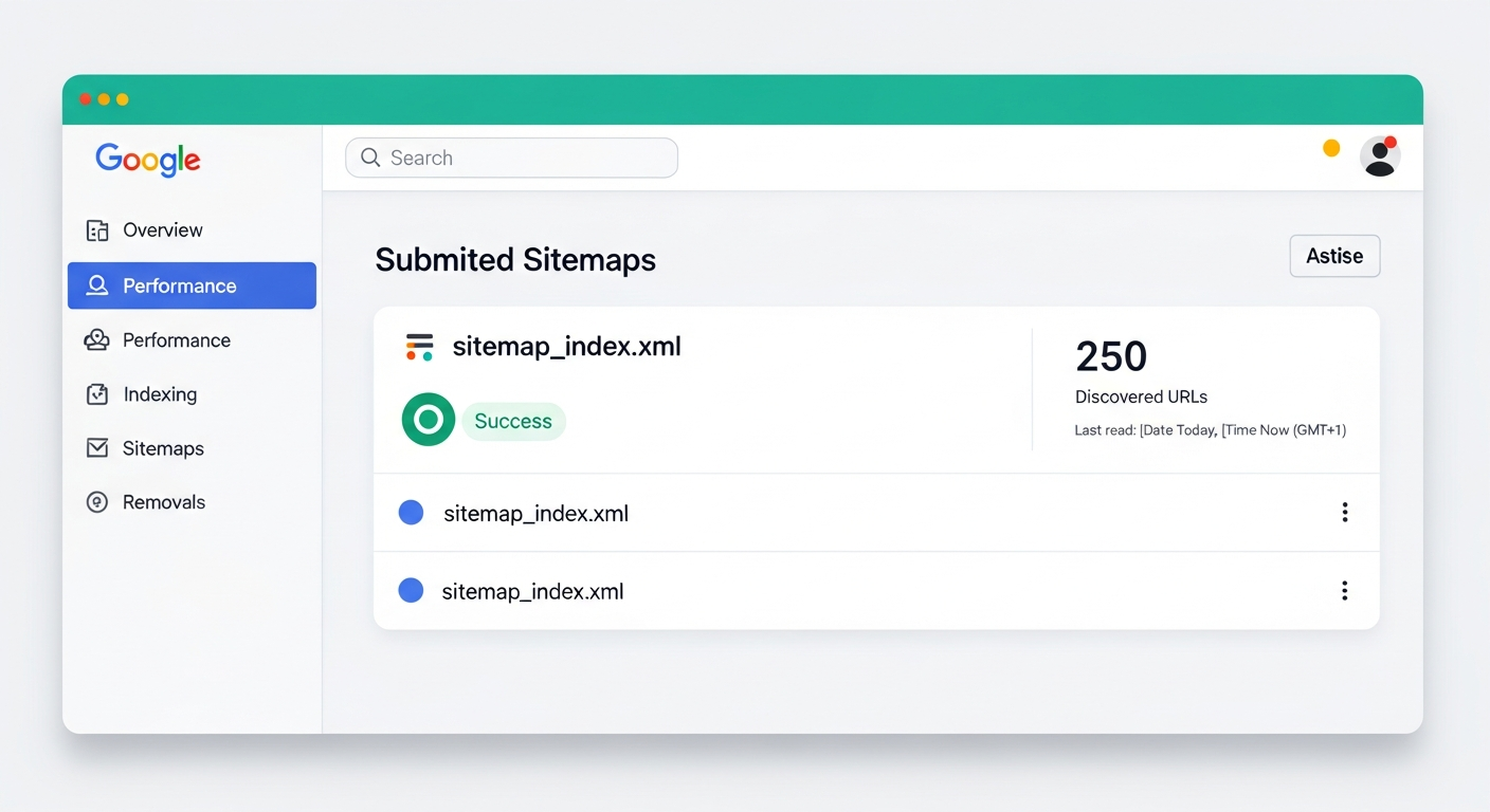 Google Search Console sitemaps page showing a successfully submitted sitemap with status indicators