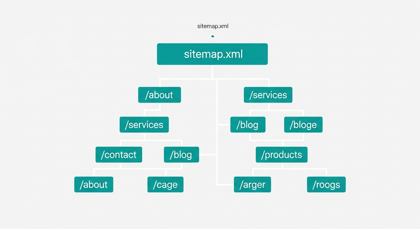 Visual diagram showing the structure of a sitemap.xml file with URLs organized in a tree hierarchy