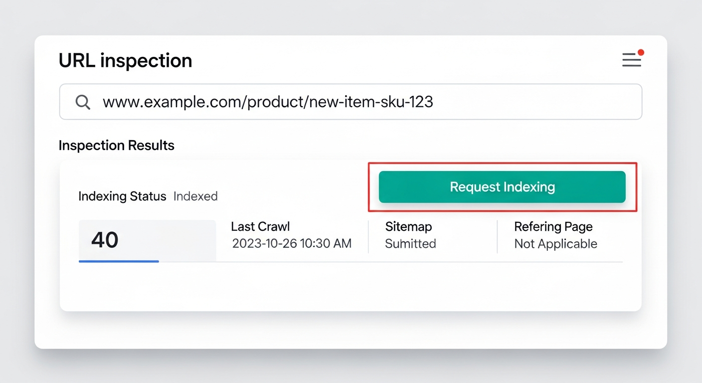 URL Inspection tool showing indexing status and Request Indexing button